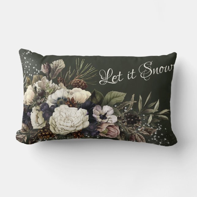 Let it Snow Elegant Winter Garden Floral Design Lumbar Pillow (Front)