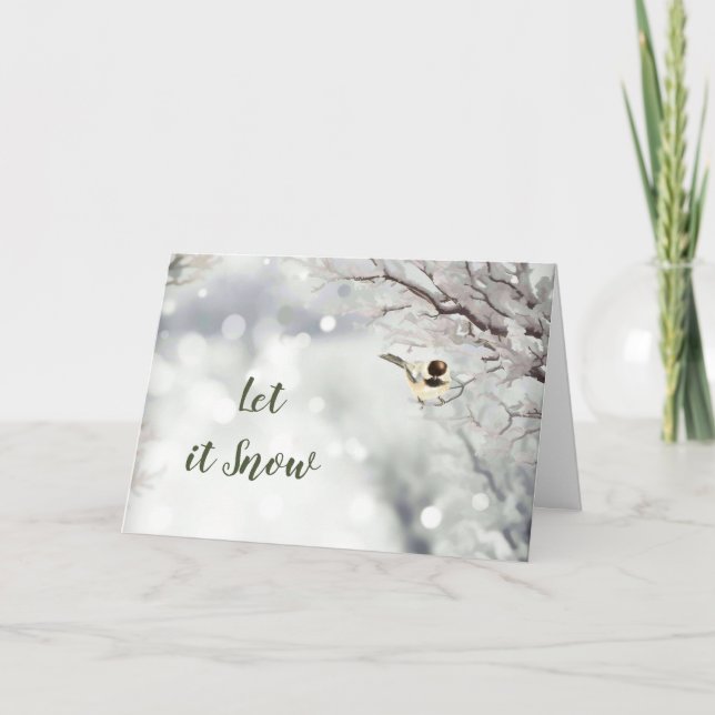Let it Snow Forest Snowflakes Chickadee Bird Holiday Card (Front)