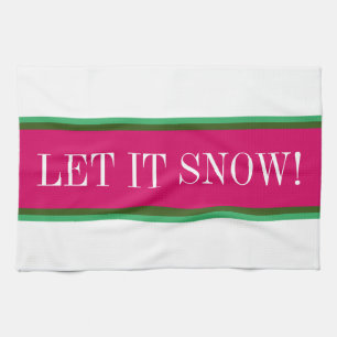 LET IT SNOW Fun Bright Pink Green White Stripes Kitchen Towel