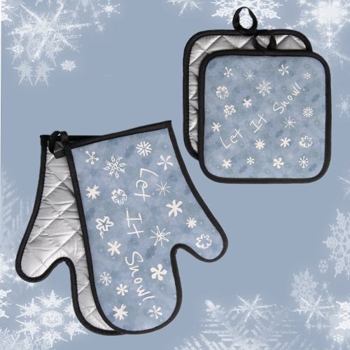 Let It Snow Fun Playful Snowflakes Light Blue Oven Mitt  Pot Holder Set