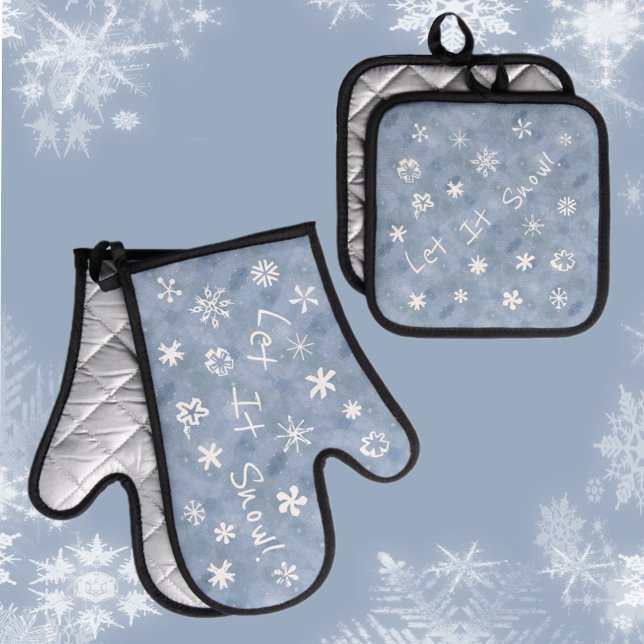 Let It Snow Fun Playful Snowflakes Light Blue Oven Mitt & Pot Holder Set (Creator Uploaded)