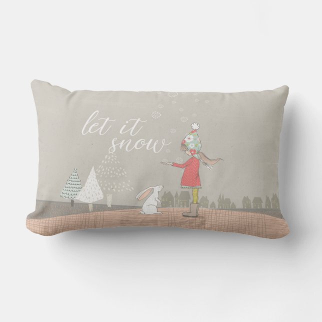 Let it Snow Girl and Bunny Lumbar Pillow (Front)