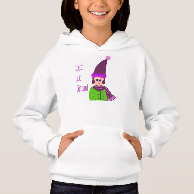 Let it Snow Girl Plum Green Winter Hat Scarf Hoodie (Front)