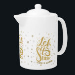 Let It Snow Gold Glitter Christmas Typography Teapot<br><div class="desc">Let it snow gold glitter print Christmas typography with gold stars and snowflakes.</div>