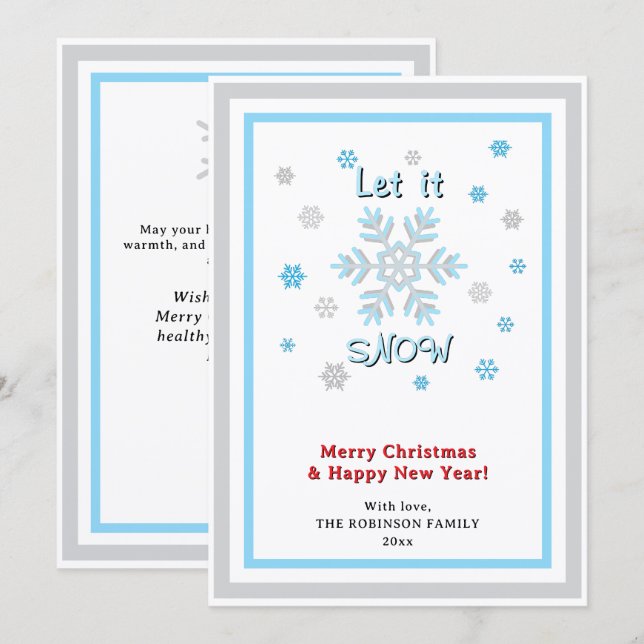 Let It Snow Gray Blue Snowflakes Red INSERT PHOTO Holiday Card (Front/Back)
