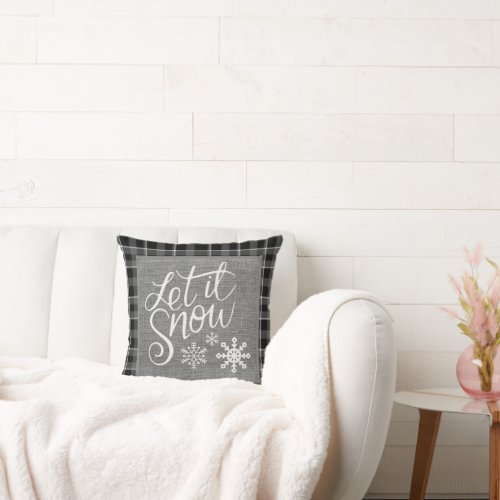 Let it Snow _ Gray Plaid and Burlap Throw Pillow