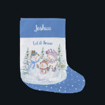 Let it Snow Happy Snowman Family Blue  Large Christmas Stocking<br><div class="desc">Personalized Christmas Stocking with Let it Snow snowman scene on blue and snow background. This cute watercolor design features a happy family of snowmen and christmas trees and you can personalize with a name.</div>