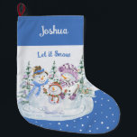 Let it Snow Happy Snowman Family Blue  Large Christmas Stocking<br><div class="desc">Personalized Christmas Stocking with Let it Snow snowman scene on blue and snow background. This cute watercolor design features a happy family of snowmen and christmas trees and you can personalize with a name.</div>