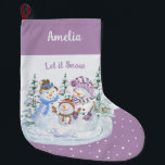 Let it Snow Happy Snowman Family Lavender Large Christmas Stocking<br><div class="desc">Personalized Christmas Stocking with Let it Snow snowman scene on lavender and snow background. This cute watercolor design features a happy family of snowmen and christmas trees and you can personalize with a name.</div>