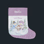 Let it Snow Happy Snowman Family Lavender Large Christmas Stocking<br><div class="desc">Personalized Christmas Stocking with Let it Snow snowman scene on lavender and snow background. This cute watercolor design features a happy family of snowmen and christmas trees and you can personalize with a name.</div>