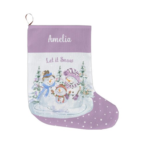 Let it Snow Happy Snowman Family Lavender Large Christmas Stocking