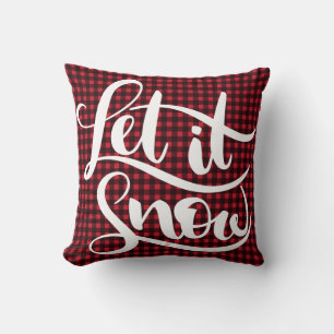 Let it Snow Lettering Red Black Buffalo Plaid Xmas Throw Pillow
