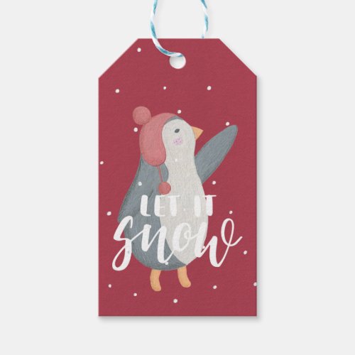 Let It Snow Little Cute Penguin Burgundy Blue Gift Tags