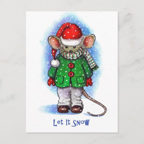 Let It Snow Little Mouse Bundled Up For Winter Holiday Postcard