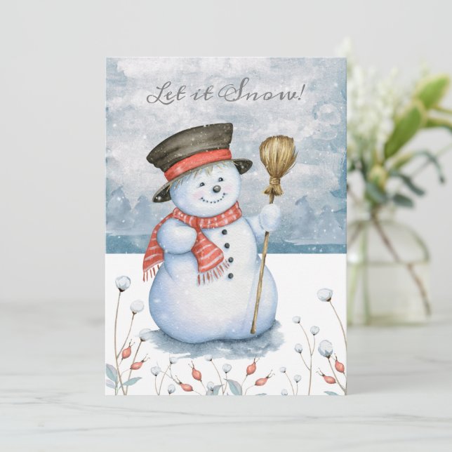 Let it Snow Merry Christmas Snowman Personalized Holiday Card (Standing Front)