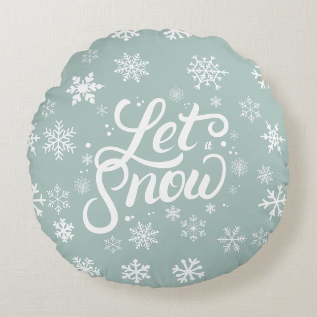 Let It Snow Mint Green White Snowflakes Holiday Round Pillow (Front)