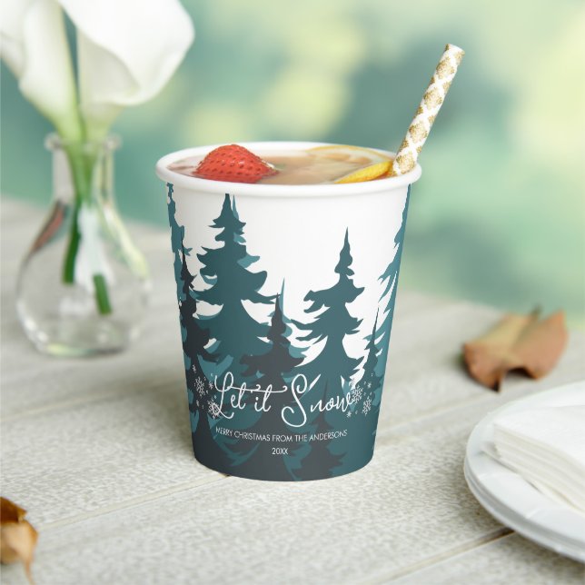 Let It Snow | Modern Teal Green Trees Christmas  Paper Cups (Insitu)