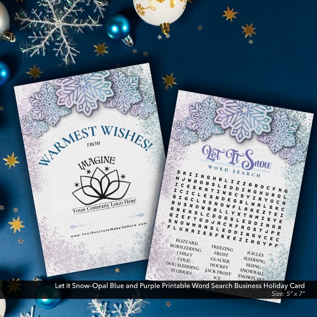 Let it Snow–Opal Printable Business Word Search Holiday Card (Let it Snow–Opal Blue and Purple Printable Holiday Word Search–Business Promotional Piece.)