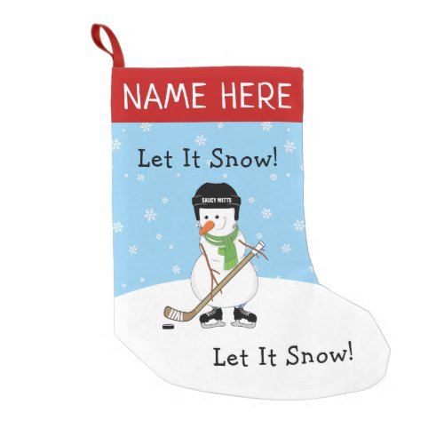 Let it Snow Personalized Hockey Snowman Small Christmas Stocking