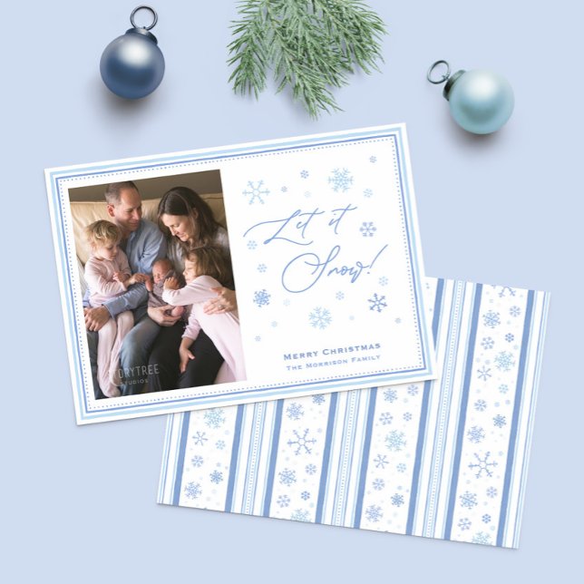Let It Snow Photo Merry Christmas Photo Holiday Card (Calligraphy Let It Snow photo Christmas Cards with regency stripes and snowflakes pattern reverse)