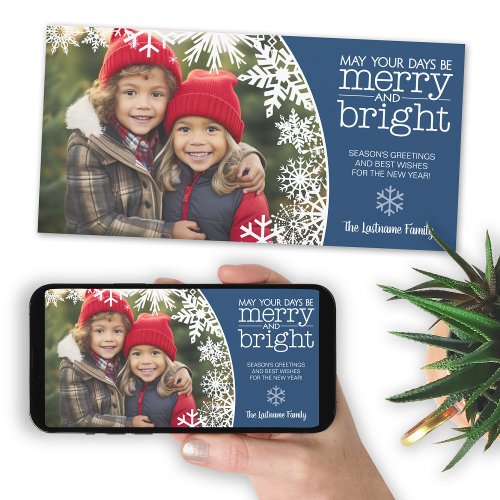 Let It Snow _ Photo with Snowflake Border _ Blue Holiday Card