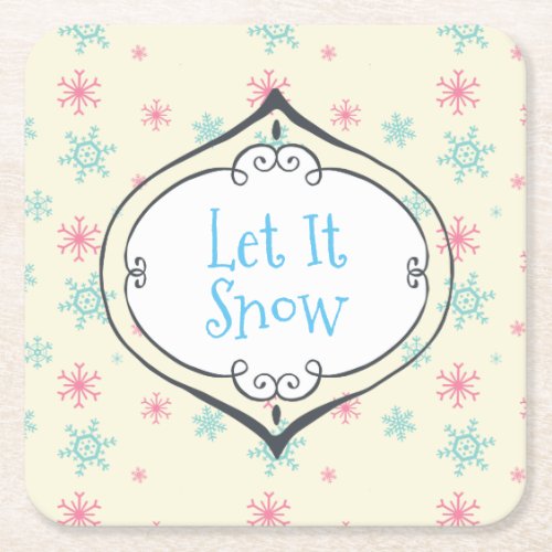 Let it Snow Pink And Blue Snowflakes Festive Square Paper Coaster