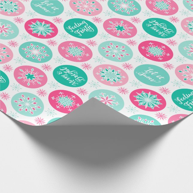 Let It Snow Pink Teal Snowflakes Wrapping Paper (Corner)