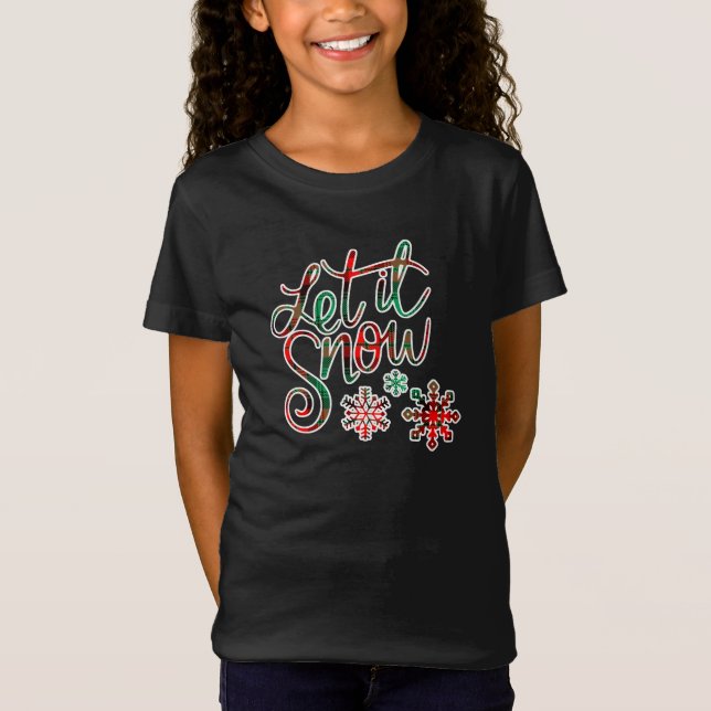 Let It Snow Plaid Girl's Christmas T-Shirt (Front)