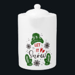 Let It Snow Red Green Christmas Holiday Teapot<br><div class="desc">Green cap and mittens with red heart and snowflakes,  surround the classic Christmas holiday phrase "Let It Snow".  Makes a memorable gift,  and keepsake as well.</div>