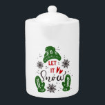 Let It Snow Red Green Christmas Holiday Teapot<br><div class="desc">Green cap and mittens with red heart and snowflakes,  surround the classic Christmas holiday phrase "Let It Snow".  Makes a memorable gift,  and keepsake as well.</div>