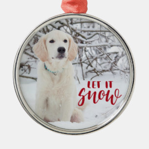 Let it Snow Red Handwritten Overlay Photo Metal Ornament