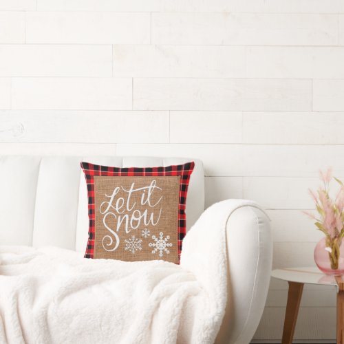 Let it Snow _ Red Plaid and Burlap Throw Pillow