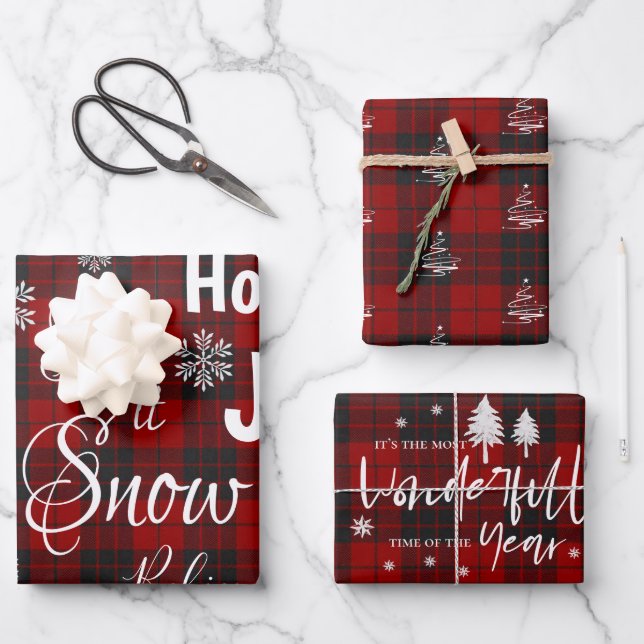Let It Snow Red Plaid Merry Christmas Quote Gift Wrapping Paper Sheets (Front)
