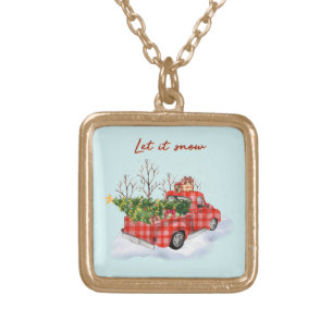 Let it Snow Red Truck with Christmas Tree Gold Plated Necklace