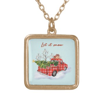 Let It Snow Red Truck With Christmas Tree Gold Plated Necklace by jasmingifts at Zazzle