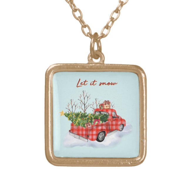 Let it Snow Red Truck with Christmas Tree Gold Plated Necklace (Front)