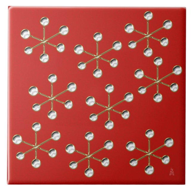Let It Snow! - Retro Snowflakes on Red Ceramic Tile (Front)