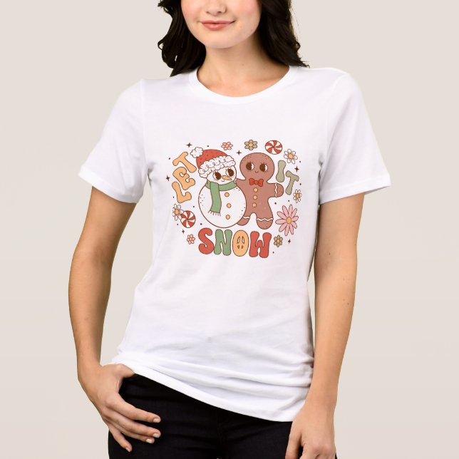 Let It Snow Retro Snowman and Gingerbread Man Tri-Blend Shirt (Front)
