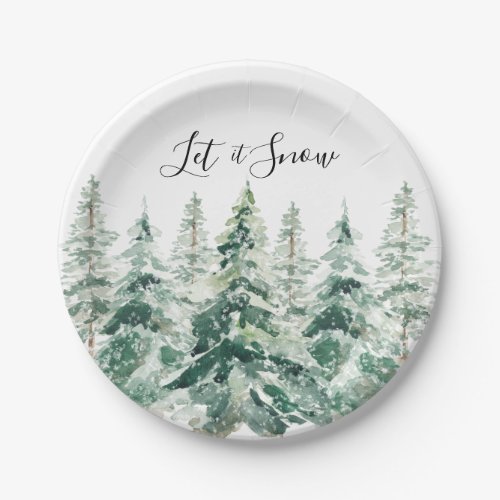 Let It Snow Rustic Watercolor Christmas Pine Trees Paper Plates