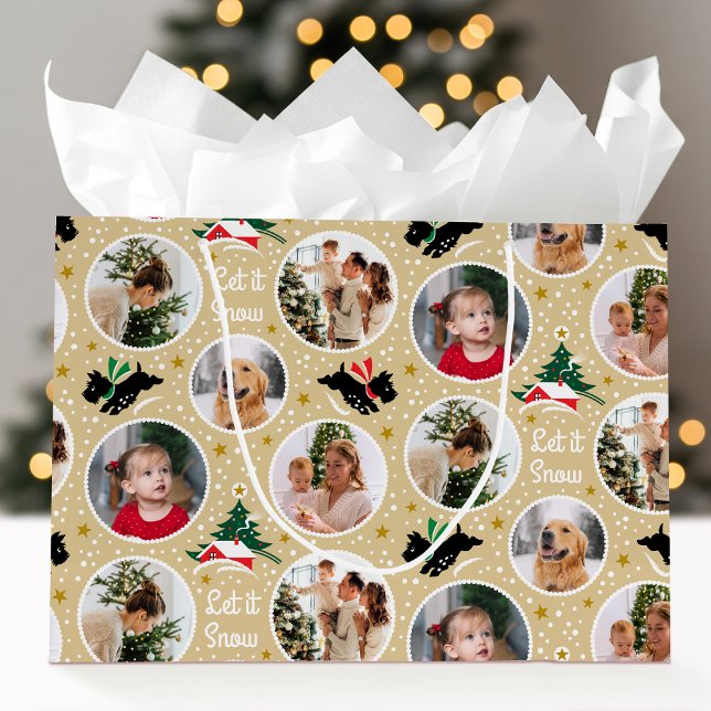 Let it Snow Scottie Dog Fun Photo Gold Christmas Large Gift Bag (Creator Uploaded)