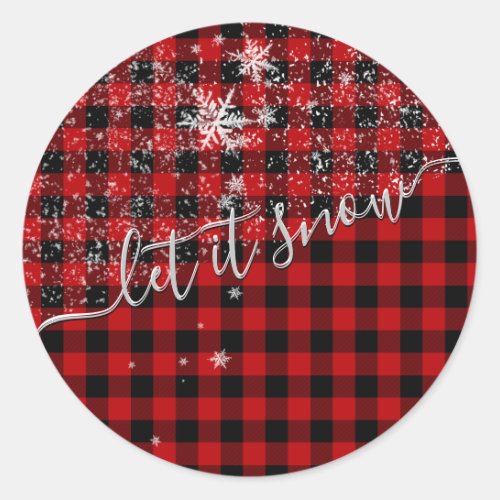 Let It Snow Script Buffalo Plaid Merry Christmas Classic Round Sticker