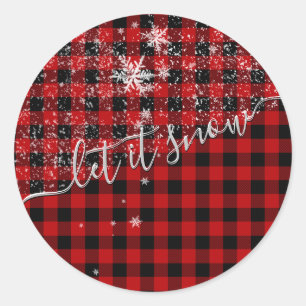 Let It Snow Script Buffalo Plaid Merry Christmas Classic Round Sticker