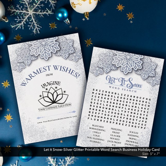 Let it Snow–Silver Printable Business Word Search Holiday Card (Let it Snow–Silver Glitter Printable Holiday Word Search–Business Promotional Piece.)