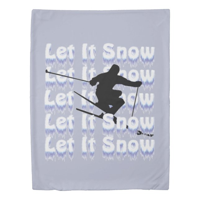 Let It Snow Skier Blue White Gray Duvet Cover (Front)