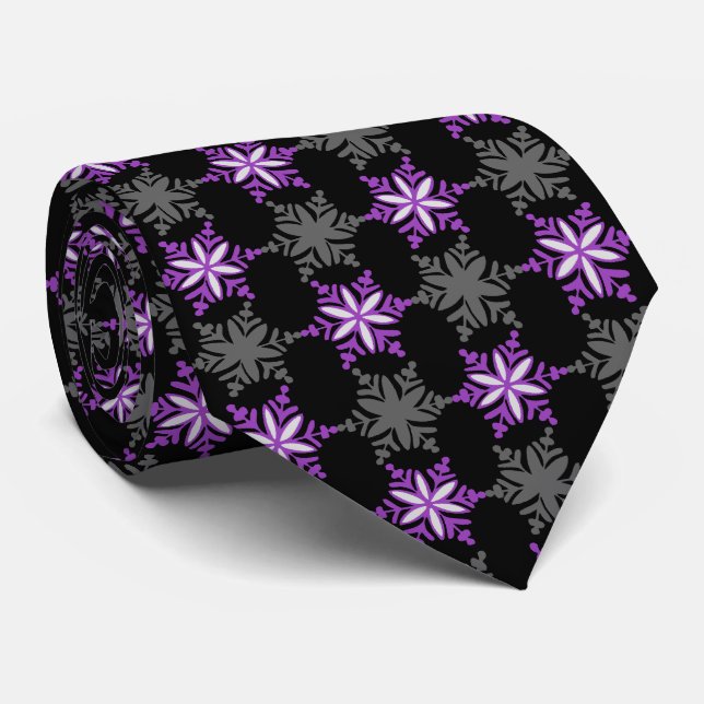Let It Snow Snowflake Black & Purple Single-Sided Neck Tie (Rolled)