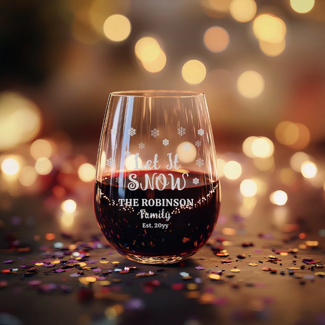 Let It Snow Snowflakes Christmas Family Name Date Stemless Wine Glass ("Let It Snow" Snowflakes Christmas Family Name and Date Holiday Stemless Wine Glass)