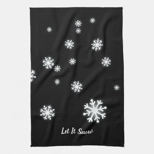 Let It Snow Snowflakes on Black Holiday  Kitchen Towel (Vertical)