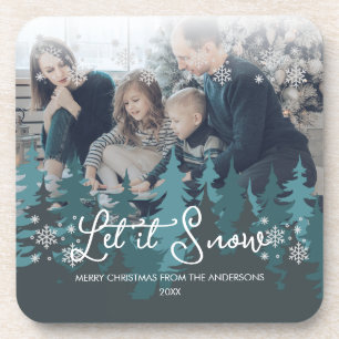 Let It Snow Snowflakes Pine Tree Christmas Photo Beverage Coaster