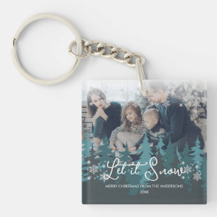 Let It Snow   Snowflakes Pine Tree Christmas Photo Keychain