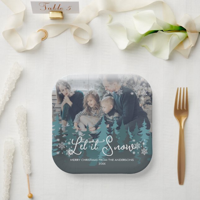 Let It Snow | Snowflakes Pine Tree Christmas Photo Paper Plates (Wedding)